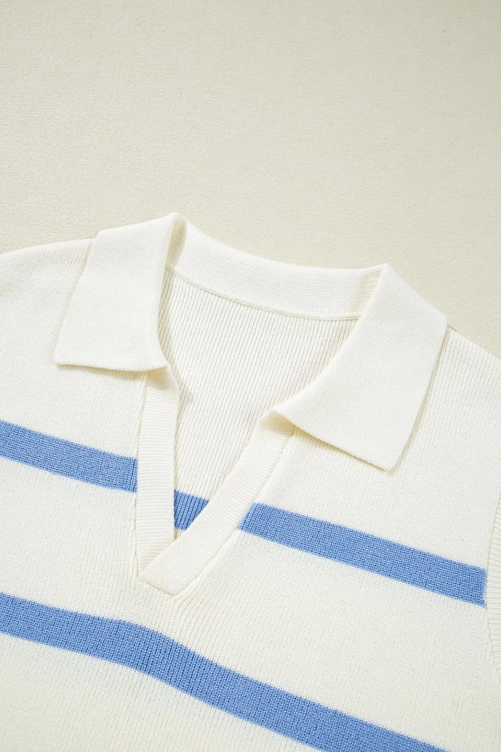 Stripe Split V Neck Collared Ribbed Sweater Vest – White by Simply Love