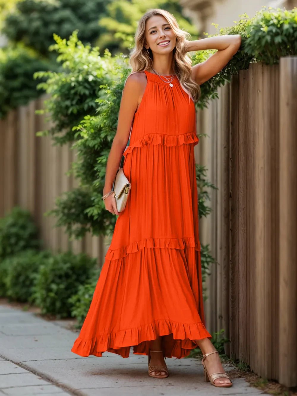 Ruffled Sleeveless Tiered Maxi Dress with Pockets – Orange - Red for Shopify Collective (29 view)