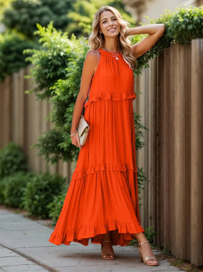 Ruffled Sleeveless Tiered Maxi Dress with Pockets – Orange - Red for Shopify Collective (29 view)