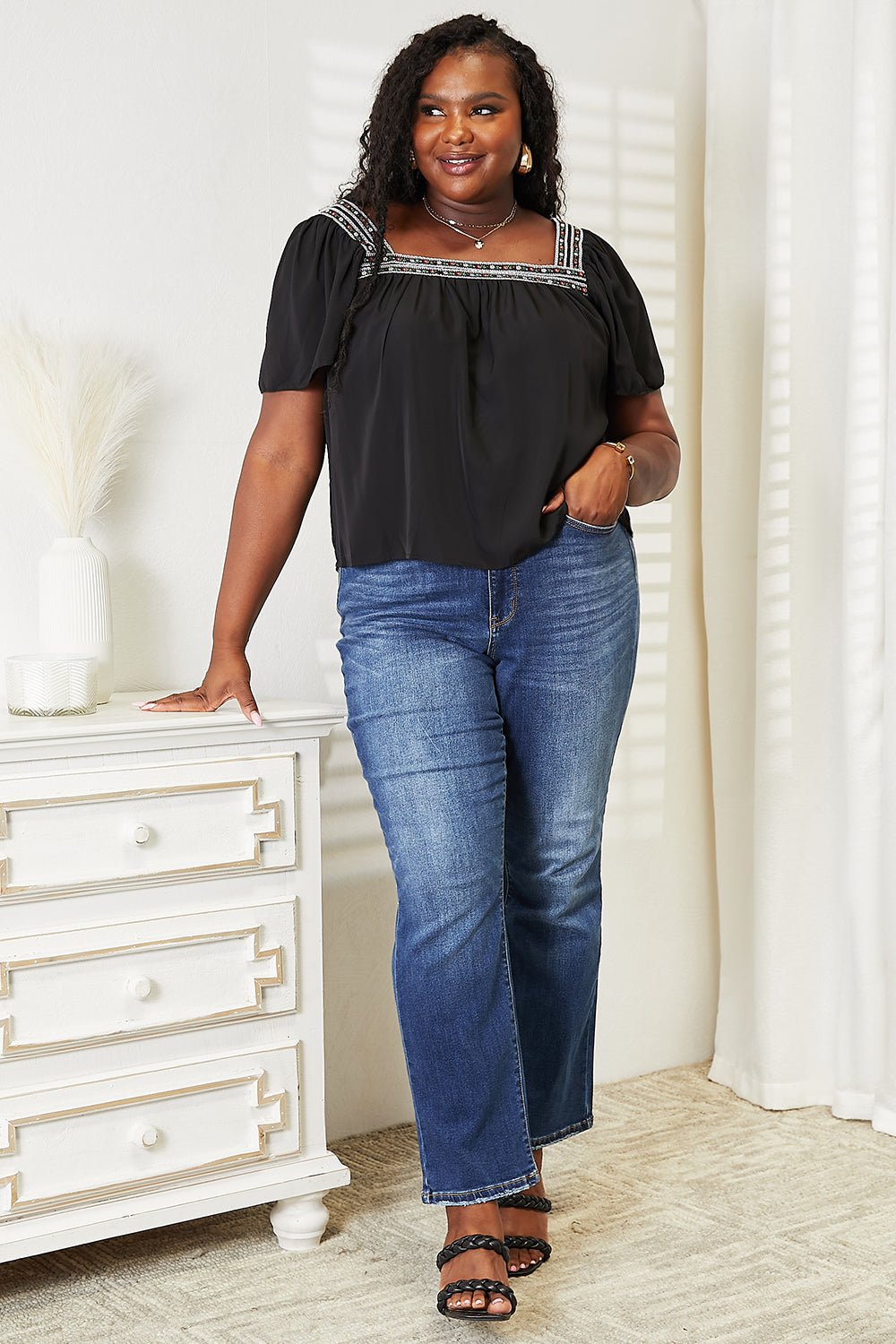 Double Take Contrast Square Neck Puff Sleeve Blouse – Black by Double Take