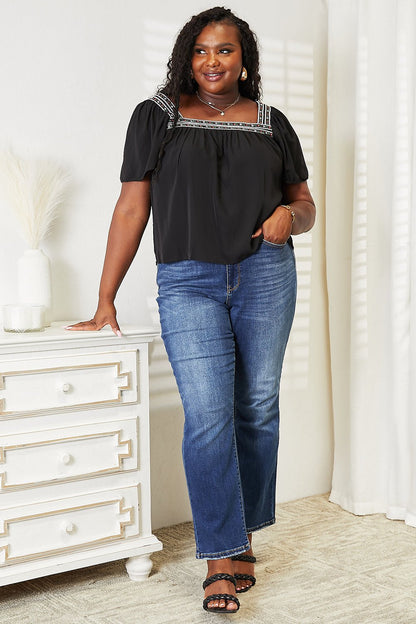 Double Take Contrast Square Neck Puff Sleeve Blouse – Black by Double Take