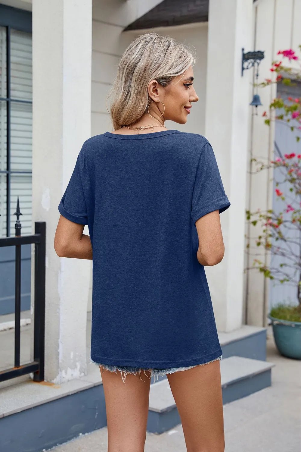 Florira Notched Short Sleeve T-Shirt – Dark Blue Women's Top for Shopify Collective (12 view)
