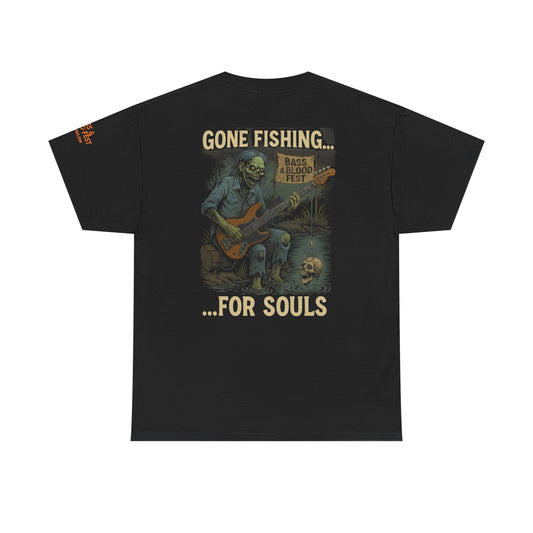 Bass & Blood Fest 2025 Gone Fishing Tee – Zombie Band Tour Merch with a Killer Hook | Lizard Designs – Black T-Shirt for Band Merchandise (1 view)