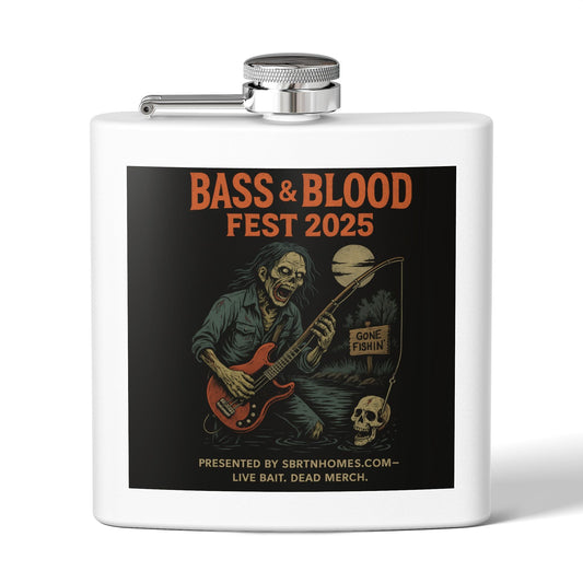 Bass & Blood Fest Stainless Steel Flask, 6oz - Perfect for Festivals, Gifts, and Outdoor Adventures, Unique Music Lover Accessory – 6oz Mug for Bass Guitar Design (1 view)