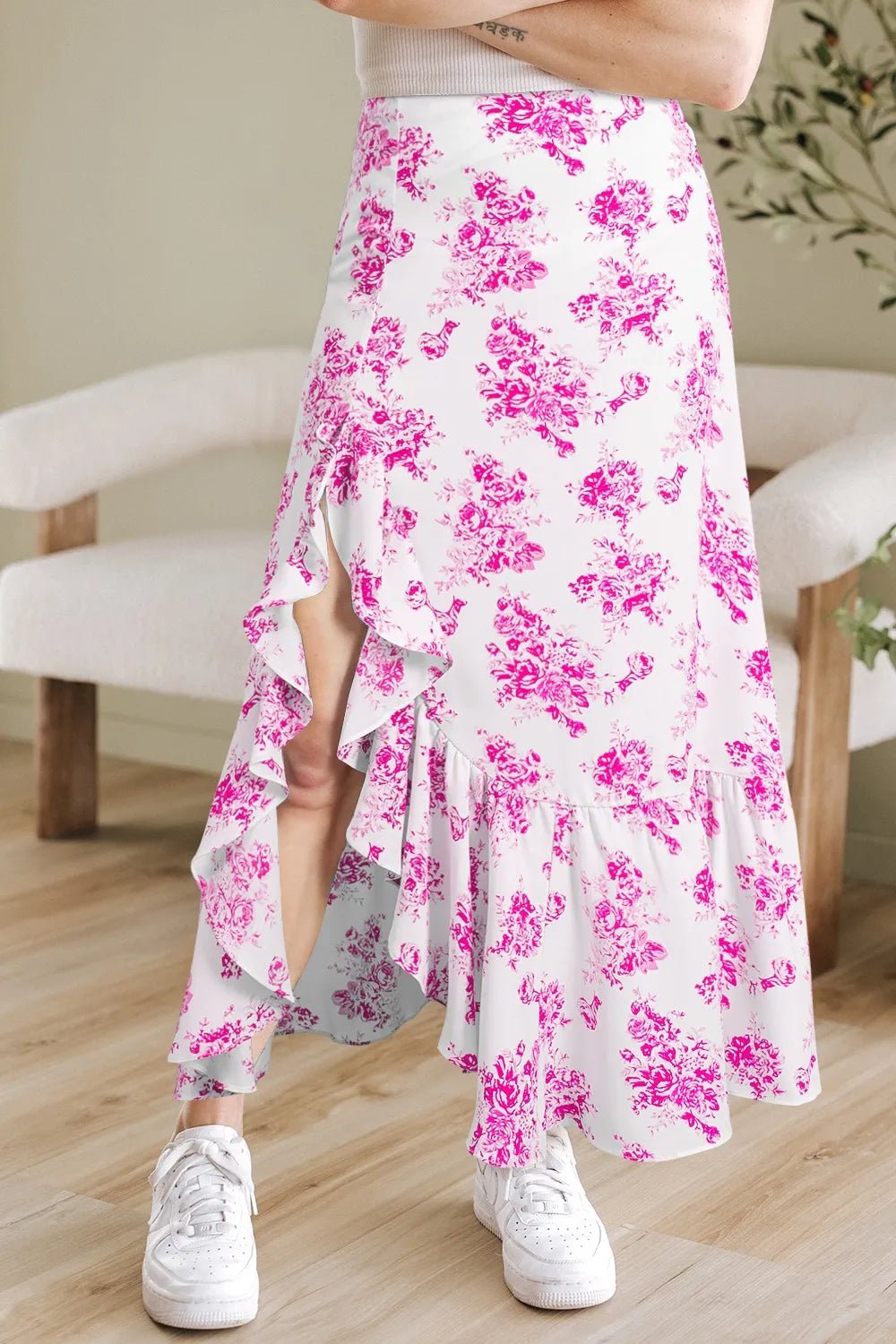 Boho Floral High Waist Ruffle Split Maxi Skirt – Pink for Shopify Collective (6 view)