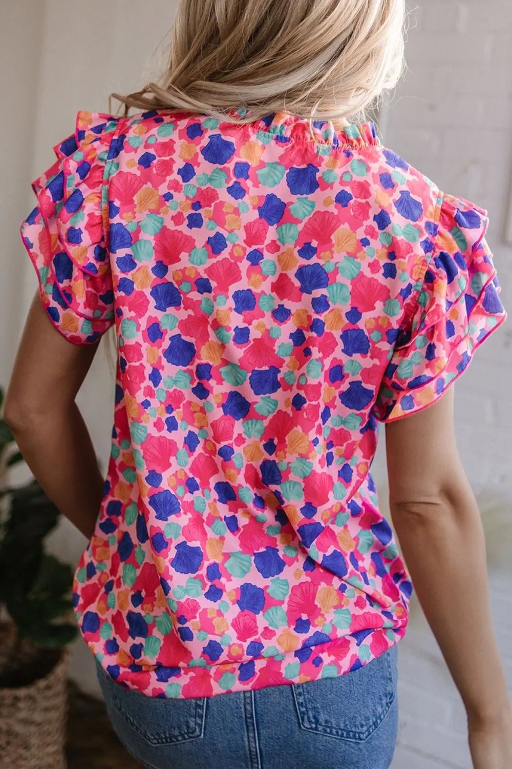 Abstract Print Ruffled Sleeve Notched Blouse – Floral for Shopify Collective (3 view)