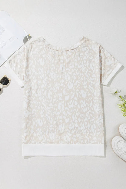 Leopard Print V Neck Side Slit Loose Fit T Shirt – Eggshell for low - stock - alert - sent (6 view)