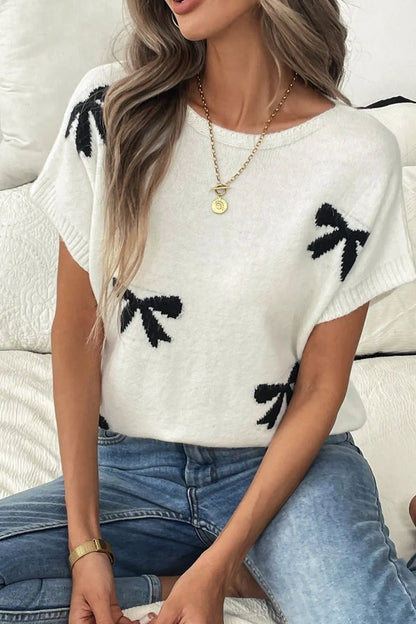Bow Pattern Knit Short Sleeve Sweater – White by Simply Love