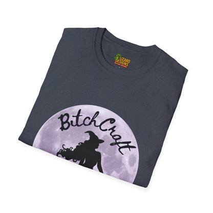 BitchCraft Witch & Cat Tee – Purple Moon Witchy Vibes | Graphic T-Shirts – Heather Navy T-Shirt by Printify