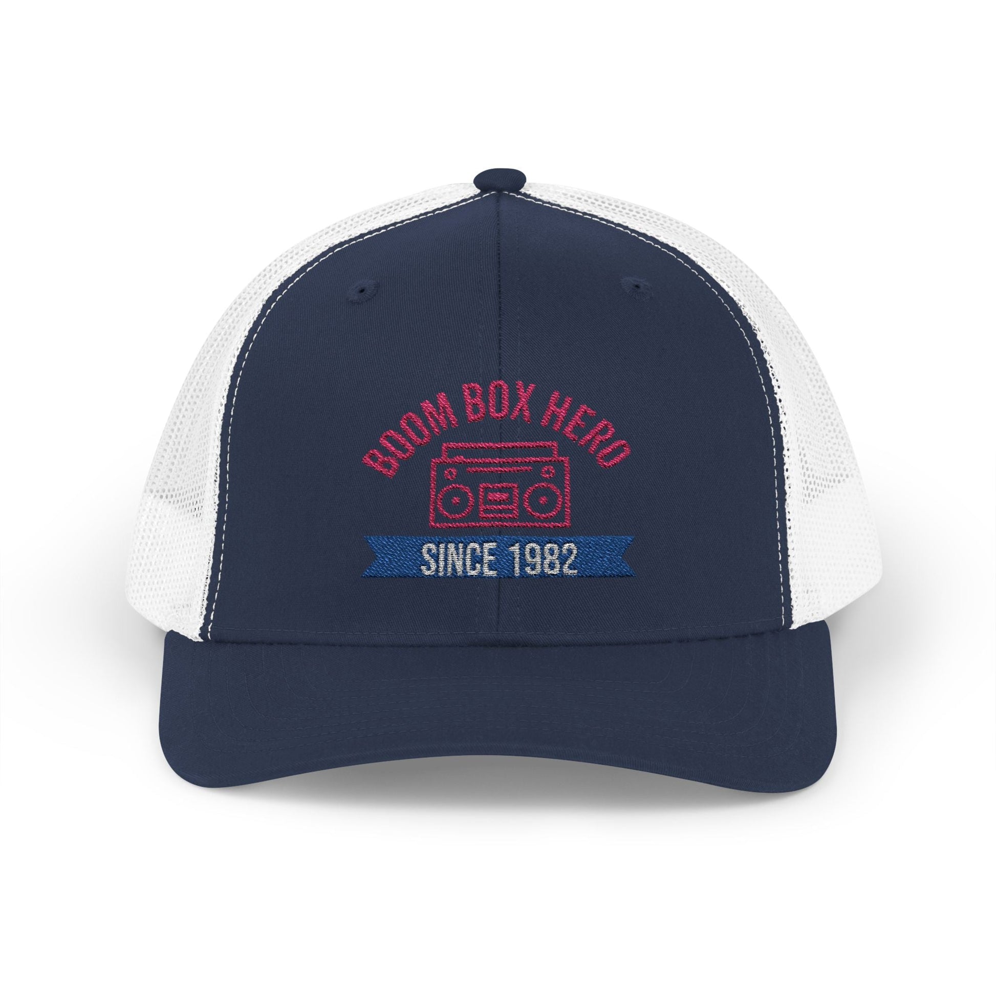 Boom Box Hero Since [Your Year] – Personalized Retro Snapback Trucker Cap – Navy / White Hats for Casual Accessories (25 view)