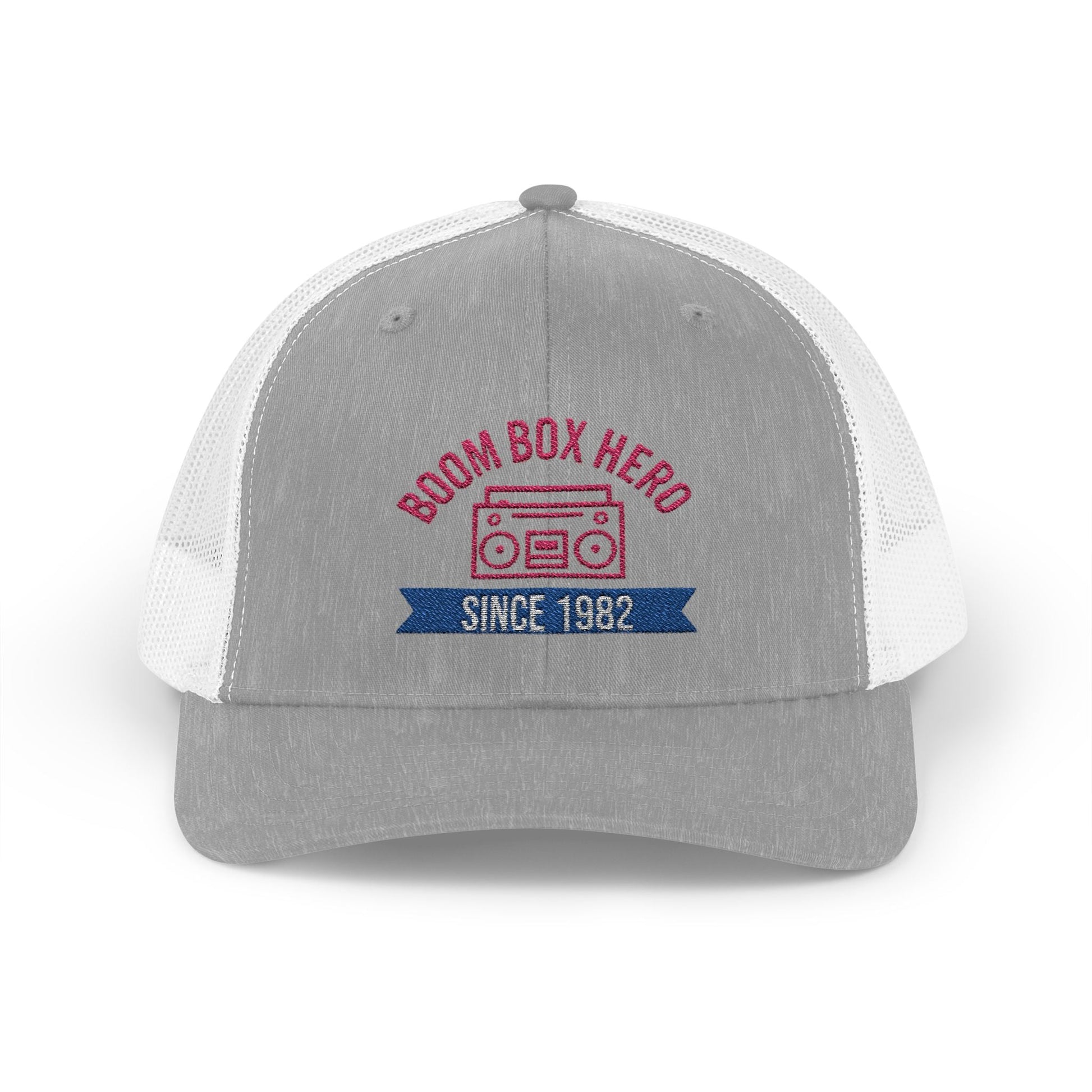 Boom Box Hero Since [Your Year] – Personalized Retro Snapback Trucker Cap – Heather Grey / White Hats for Casual Accessories (21 view)