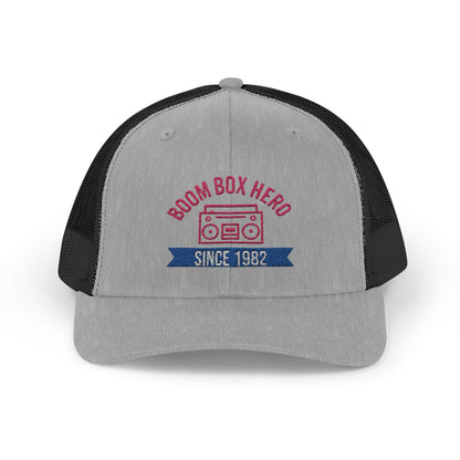 Boom Box Hero Since [Your Year] – Personalized Retro Snapback Trucker Cap – Heather Grey / Black Hats for Casual Accessories (17 view)