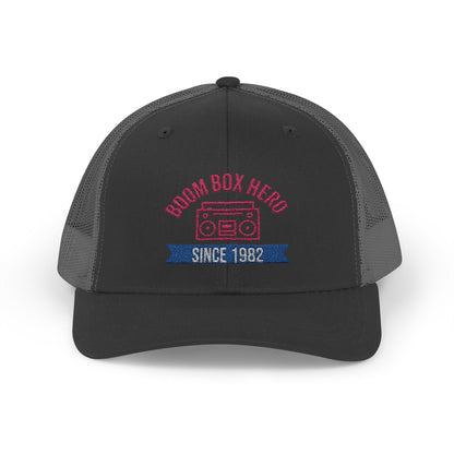 Boom Box Hero Since [Your Year] – Personalized Retro Snapback Trucker Cap – Black / Charcoal Hats by Printify