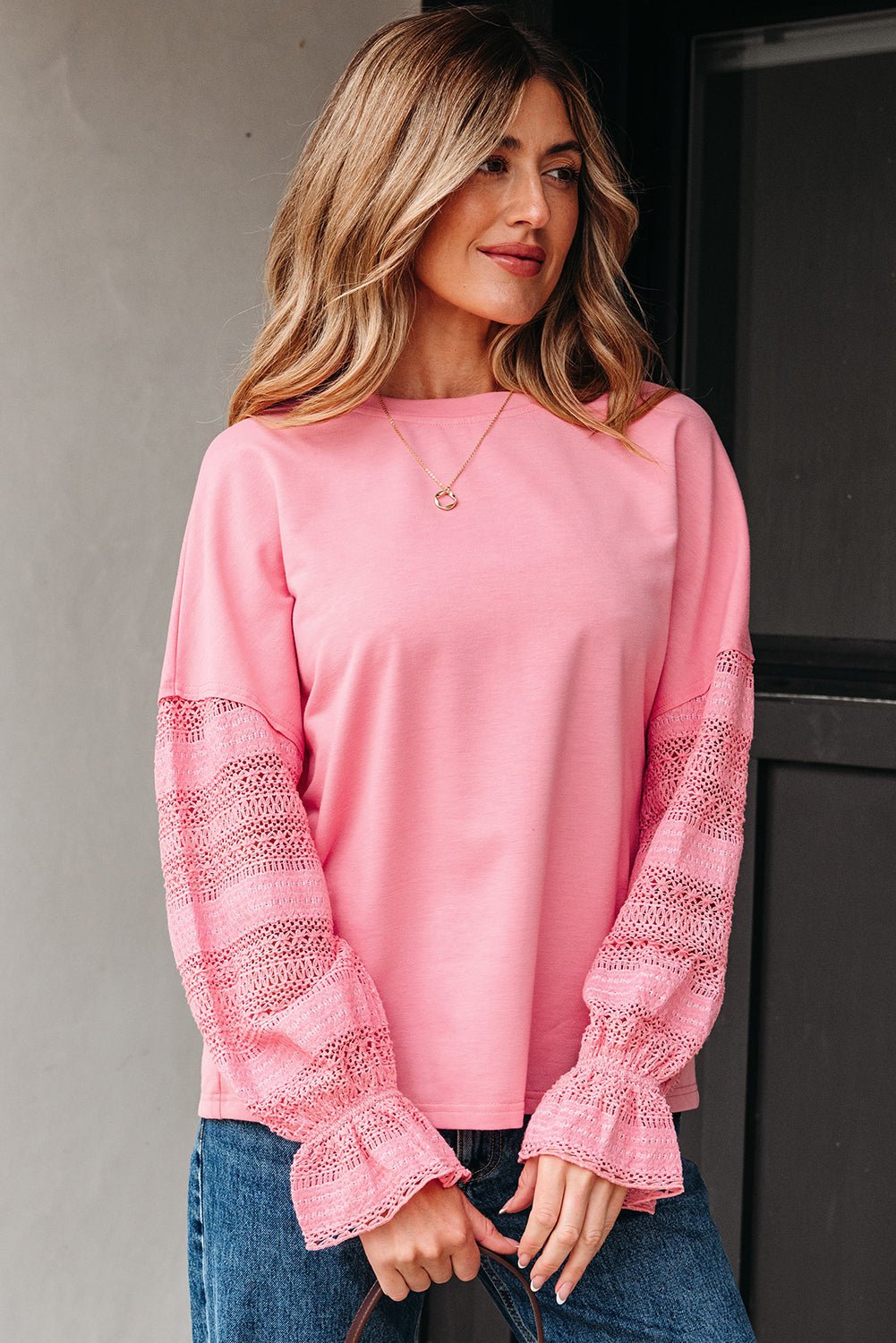 Brielle Lace Ruffled Sleeve Patchwork Loose Sweatshirt – Sachet Pink Tops/Sweatshirts & Hoodies for Shopify Collective (5 view)