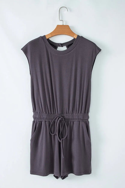 Knit Open Back Cap Sleeve Drawstring Romper – Black for Shopify Collective (5 view)
