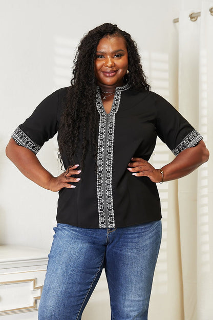 Double Take Embroidered Notched Neck Top – Black by Double Take