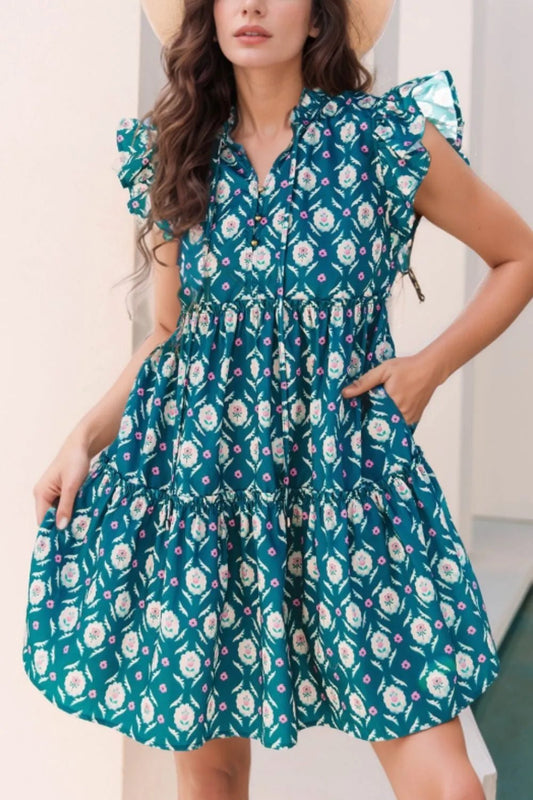 Printed Tie Neck Ruffled Cap Sleeve Dress – Floral for Shopify Collective (2 view)