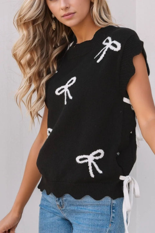 Bow Side Ties Scalloped Hem Cap Sleeve Sweater – Black by Simply Love