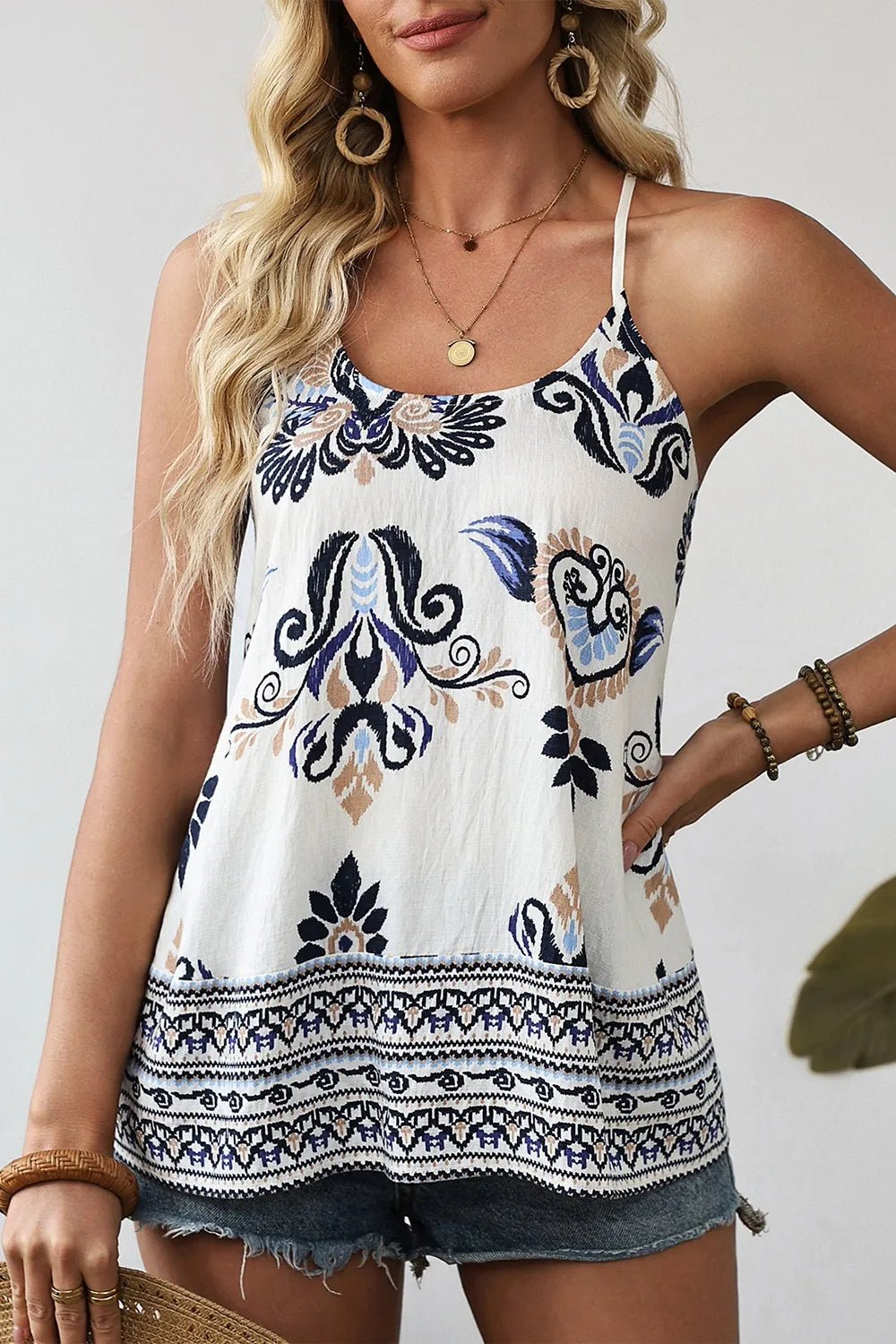 Bohemian Fashion Print Spaghetti Straps Loose Tank – White for Shopify Collective (3 view)