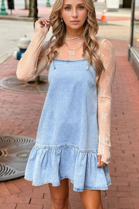 Bow Detail Spaghetti Straps Ruffle Hem Denim Dress – Light Blue Dresses for Shopify Collective (2 view)