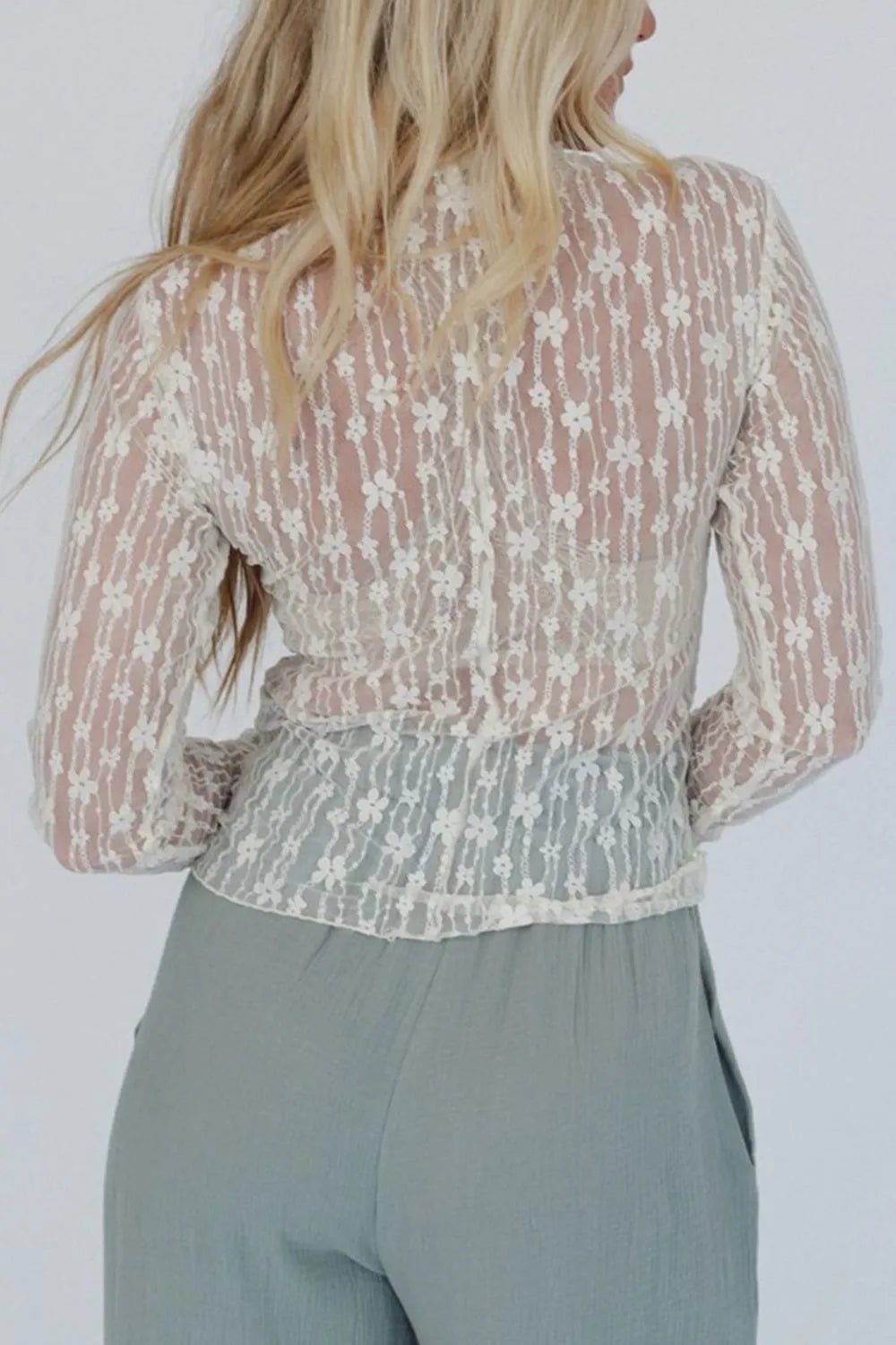 Sheer Floral Lace Long Sleeve Slim Fit Top – White for Shopify Collective (3 view)