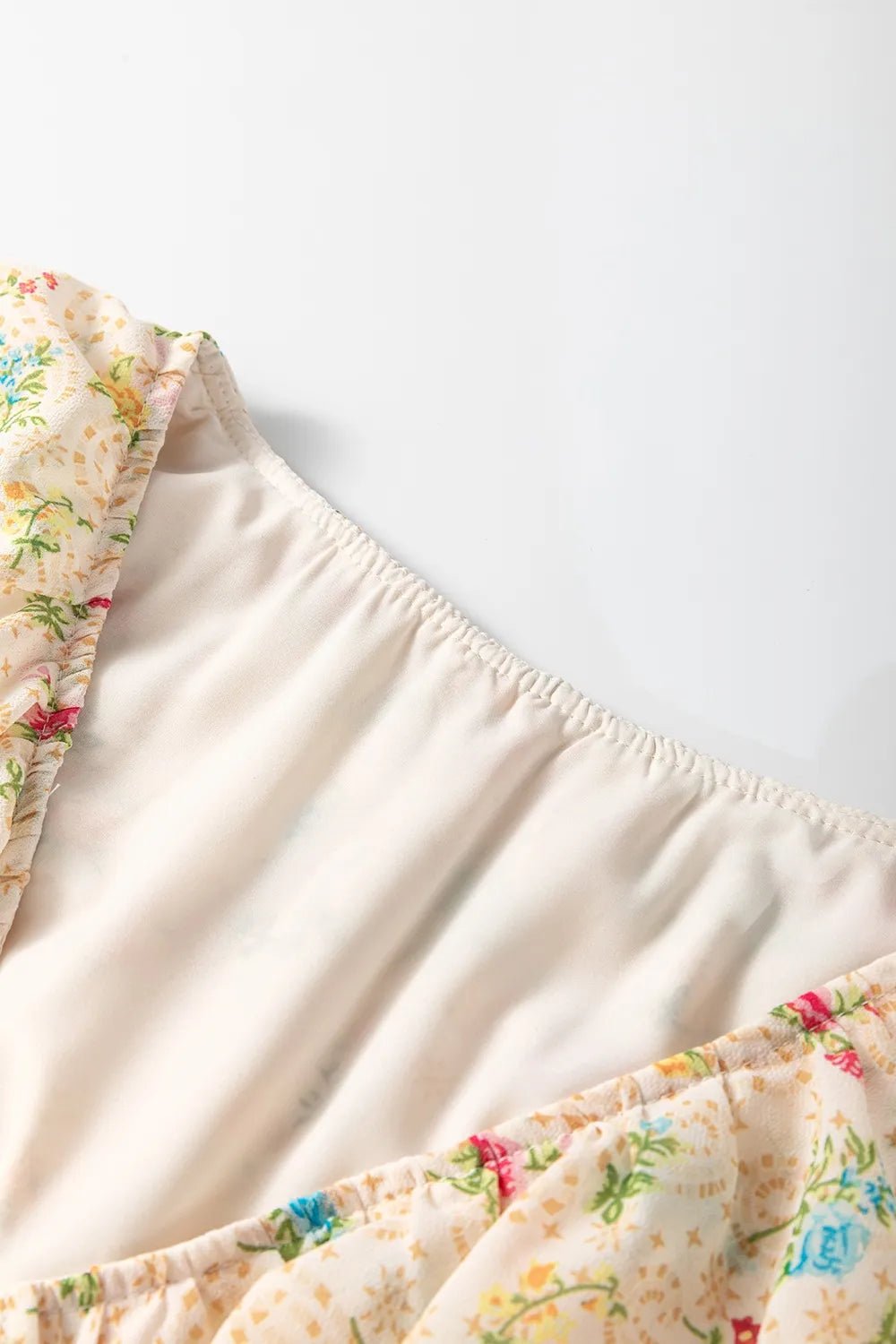 Boho Floral Tassel Tie V Neck Ruffle Wide Sleeve Mini Dress – Cream for Shopify Collective (6 view)