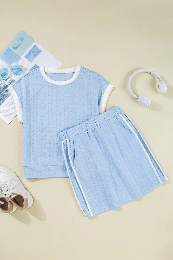 Contrast Trim Textured Crewneck Tee and Pocketed Skirt Set – Light Blue for Shopify Collective (3 view)