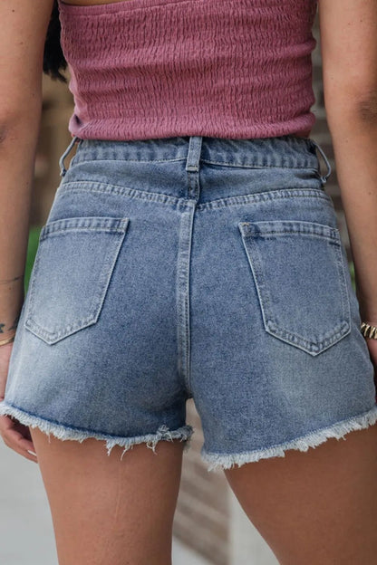 Pearl Beaded Raw Hem Wash Denim Shorts – Medium by Simply Love