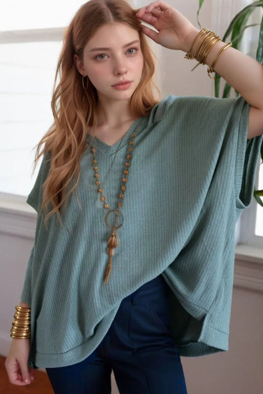 Oversized Ribbed Knit V Neck Dolman Short Sleeve Top – Air Force Blue by Simply Love