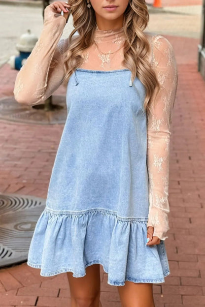 Bow Detail Spaghetti Straps Ruffle Hem Denim Dress – Light Blue Dresses for Shopify Collective (1 view)