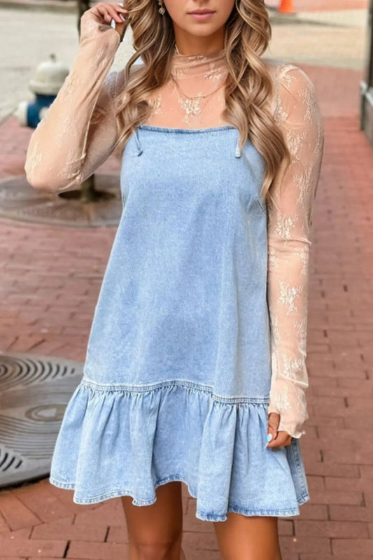 Bow Detail Spaghetti Straps Ruffle Hem Denim Dress – Light Blue Dresses for Shopify Collective (1 view)