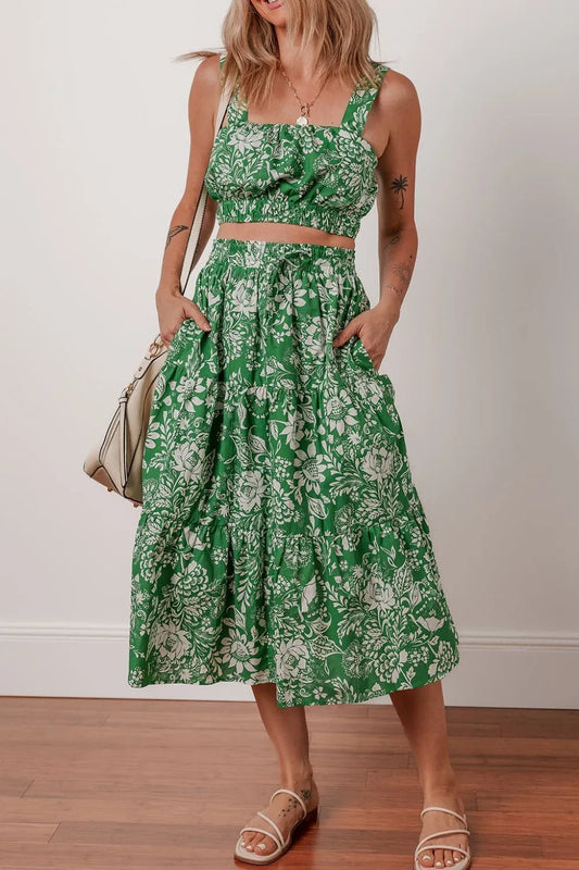 Floral Print Shirred Crop Top and Midi Skirt Set – Dark Green for Shopify Collective (2 view)