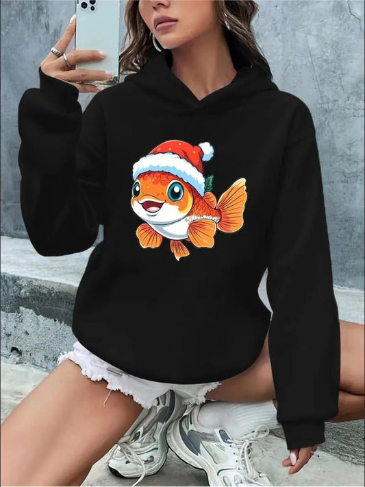 Cartoon Fish Hoodie – Whimsical & Cozy Rib - Knit Pullover | Halloween & Holiday Vibes – Black Women's Top for cartoon hoodie (1 view)