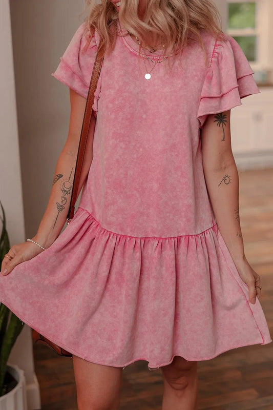 Mineral Wash Raw Edge Ruffle Mini Dress – Dusty Pink by Simply Love