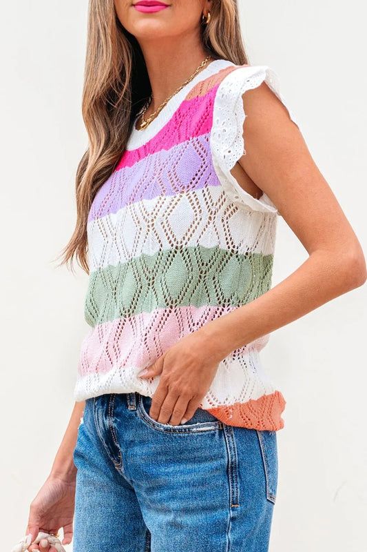 Openwork Round Neck Cap Sleeve Knit Top – Stripe Women's Top for Shopify Collective (2 view)