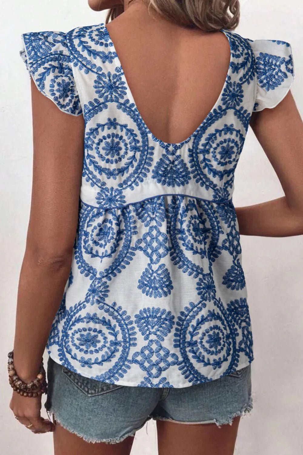 Boho Print Ruffled Cap Sleeve Crew Neck Blouse – Dusty Blue for Shopify Collective (2 view)