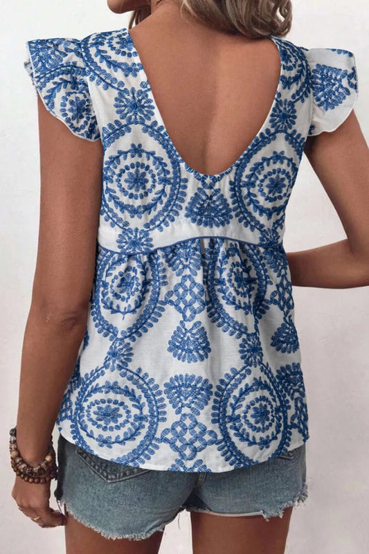 Boho Print Ruffled Cap Sleeve Crew Neck Blouse – Dusty Blue for Shopify Collective (2 view)