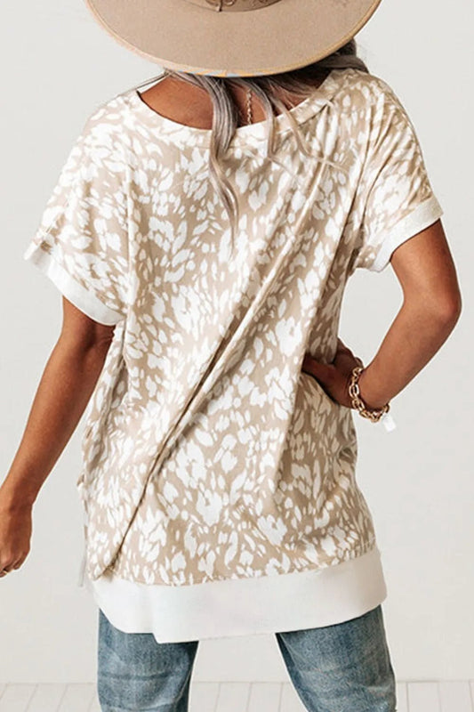 Leopard Print V Neck Side Slit Loose Fit T Shirt – Eggshell for low - stock - alert - sent (2 view)