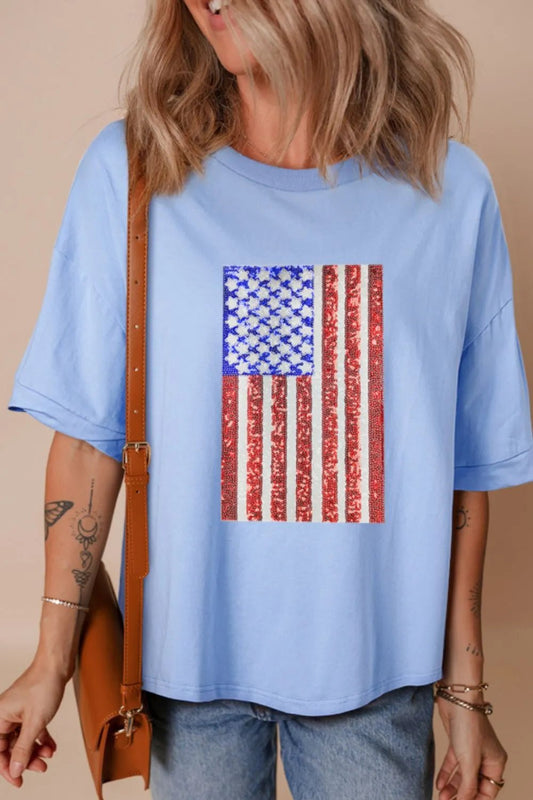 Sequined American Flag Dropped Shoulder T Shirt – Light Blue for Shopify Collective (1 view)