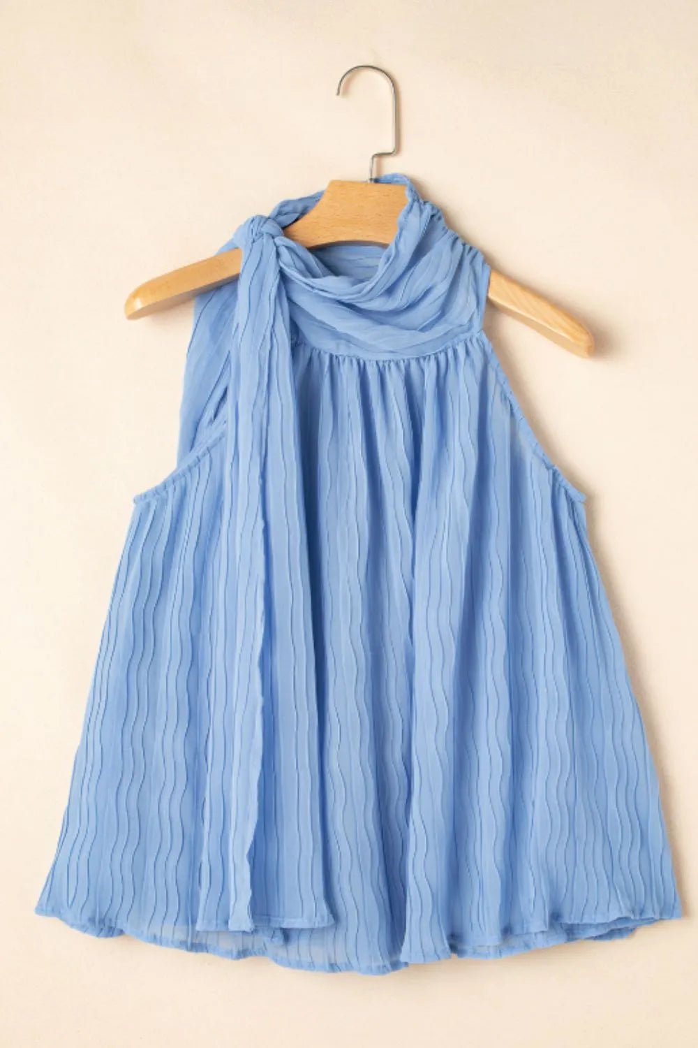 Textured Pleated Tied Mock Neck Flowy Tank Top – Dusty Blue for Shopify Collective (6 view)