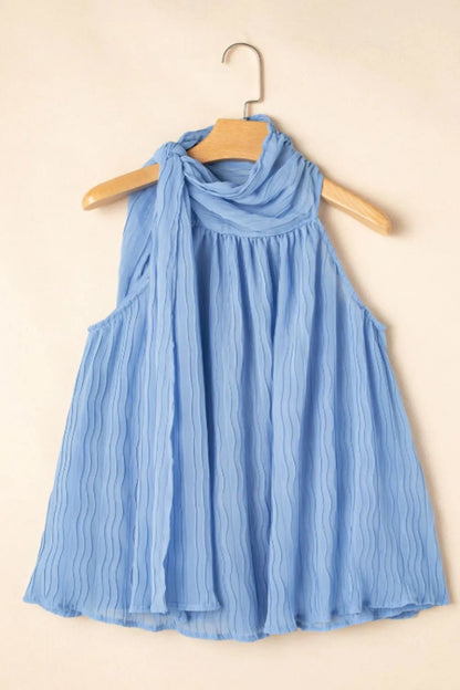 Textured Pleated Tied Mock Neck Flowy Tank Top – Dusty Blue for Shopify Collective (6 view)