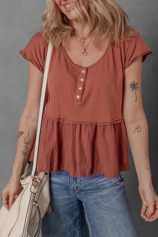 Short Sleeve U Neck Buttons Splicing Ruffle Blouse – Terracotta for Best Sellers (1 view)