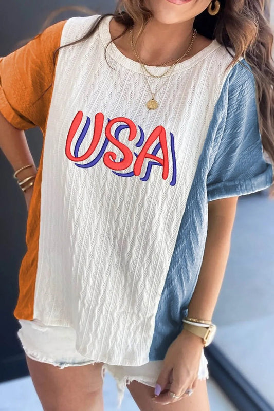 USA Embroidered Cable Textured Knit Cuffed Sleeve Color Block Tee – White for Shopify Collective (2 view)