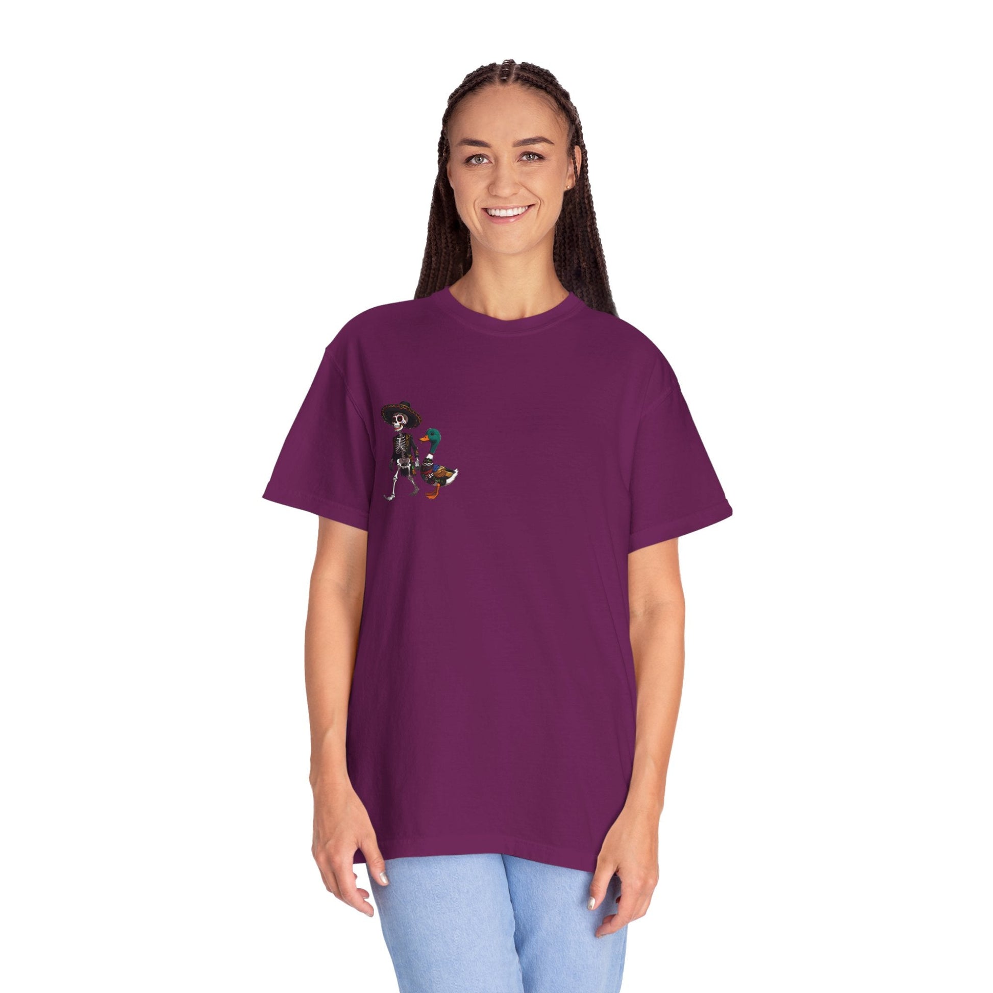 Charming Duck Skeleton wearing a Sombrero Tee, Cute Graphic T-Shirt, Quirky Unisex Apparel, Perfect for Halloween and Everyday Wear – Boysenberry T-Shirt for Casual Everyday Wear (28 view)