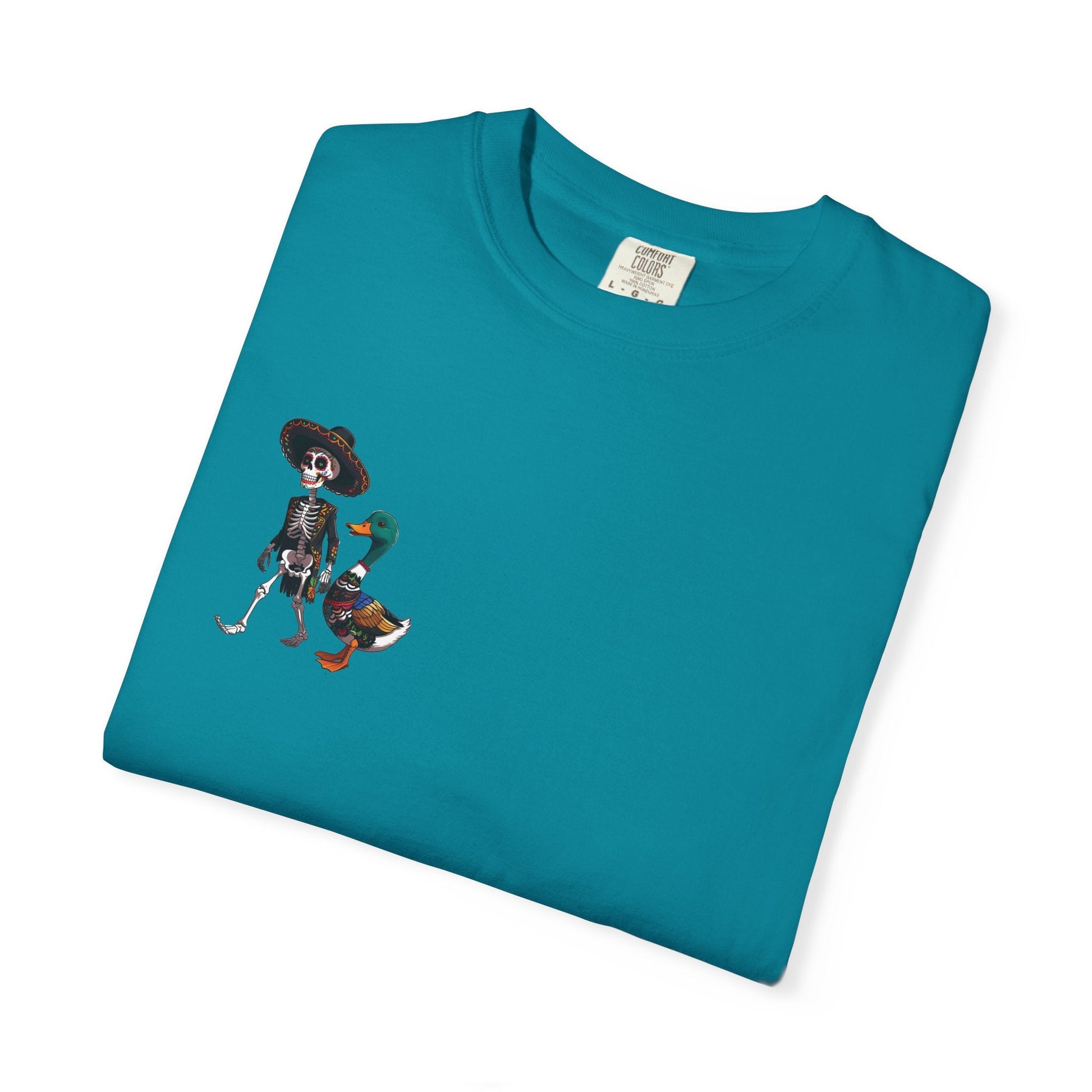 Charming Duck Skeleton wearing a Sombrero Tee, Cute Graphic T-Shirt, Quirky Unisex Apparel, Perfect for Halloween and Everyday Wear – Topaz Blue T-Shirt for Casual Everyday Wear (11 view)