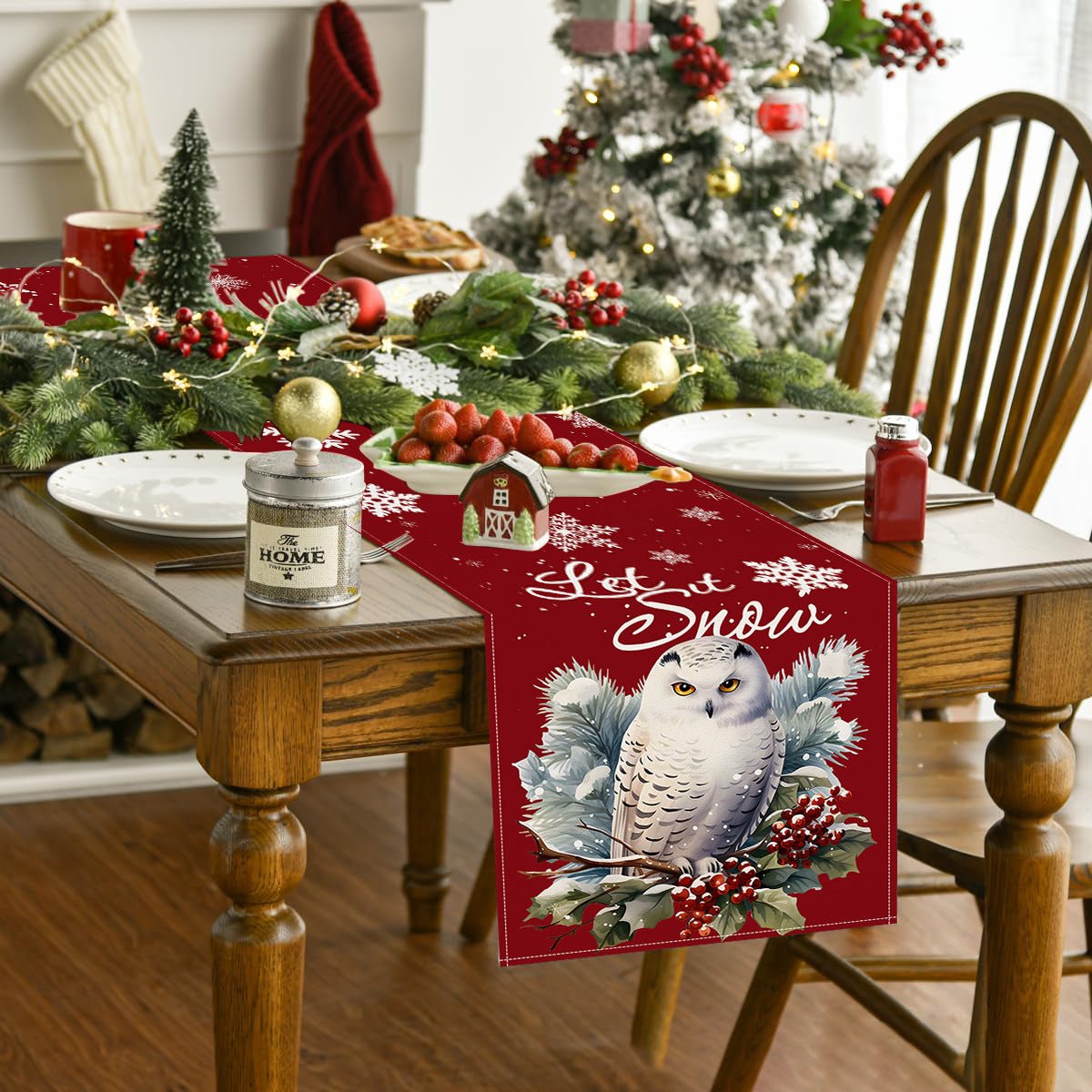 Christmas Owl Linen Table Runner – 33×183cm Holiday Table Flag | Dining & Kitchen Décor – Style 1 Holiday Decor for christmas (4 view)