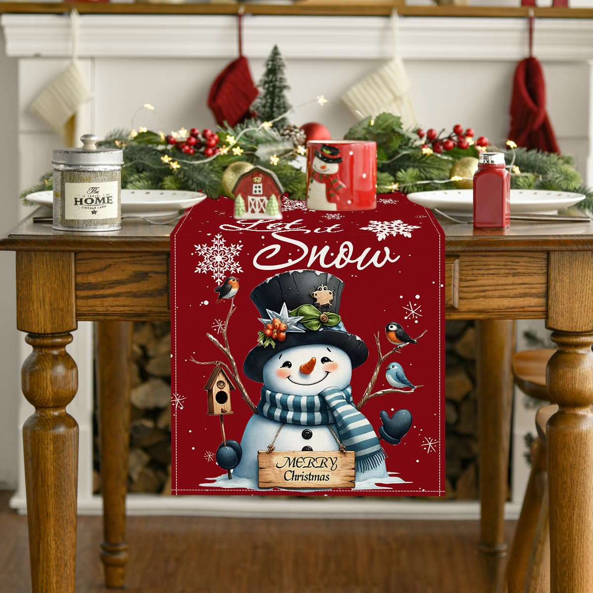 Christmas Snowman Linen Table Runner – 33×183cm Holiday Table Flag | Dining & Coffee Table Décor – style 1 Holiday Decor for christmas (3 view)