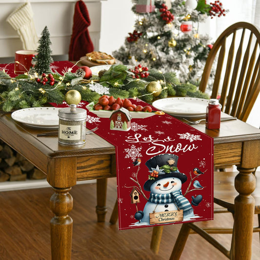 Christmas Snowman Linen Table Runner – 33×183cm Holiday Table Flag | Dining & Coffee Table Décor – style 1 Holiday Decor for christmas (2 view)