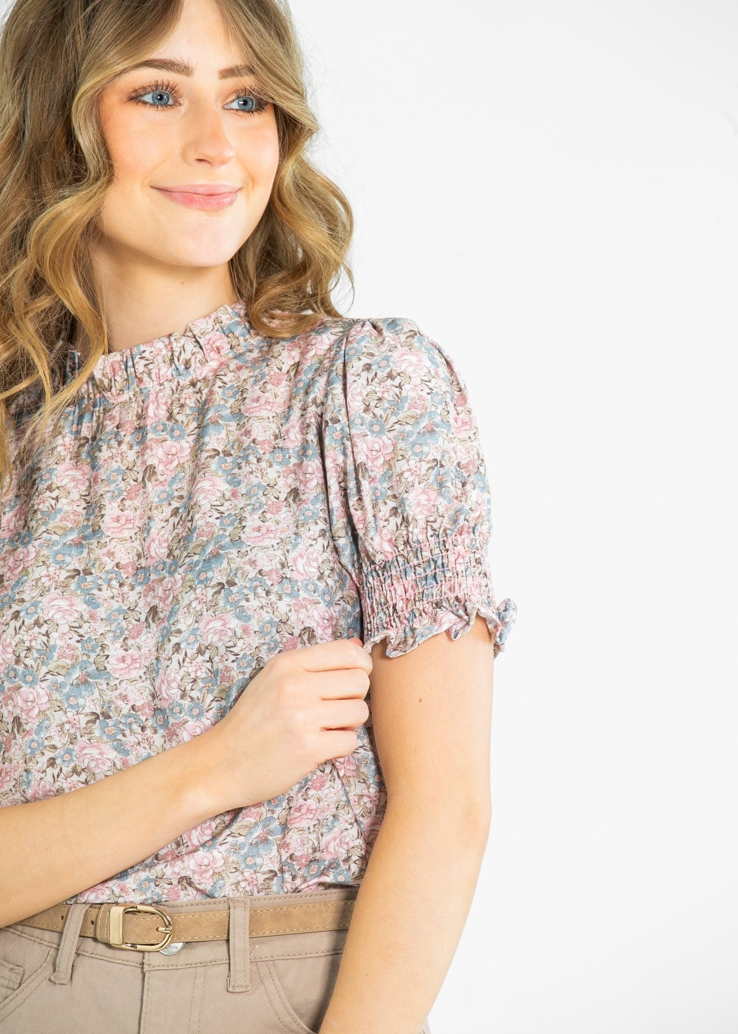 Clara Floral Ruffle Mockneck Short Sleeve Top – XS IC Tops for Inherit Co. (7 view)