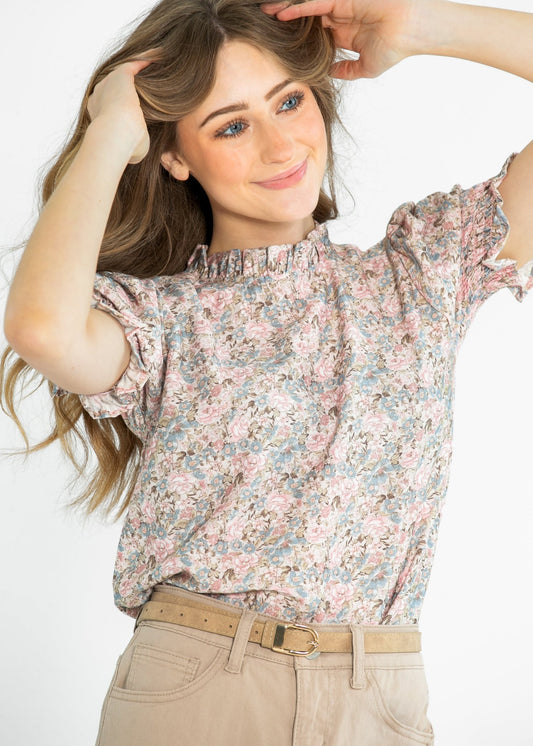 Clara Floral Ruffle Mockneck Short Sleeve Top – XS IC Tops for Inherit Co. (1 view)
